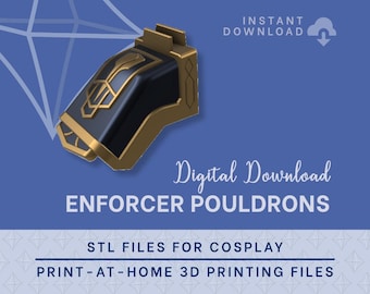 Puede incluir: Archivos STL imprimibles en 3D para cosplay. Una descarga digital de un par de piezas de armadura de hombro doradas y negras llamadas Enforcer Pauldrons. Imprime archivos de impresión 3D en casa.
