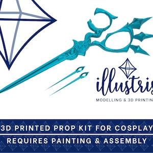 May include: 3D printed cosplay prop kit of a blue, ornate, fantasy-style sword with a handle shaped like a pair of scissors. The kit requires painting and assembly. The image also includes the text "illustris MODELLING & 3D PRINTING" and "3D PRINTED PROP KIT FOR COSPLAY REQUIRES PAINTING & ASSEMBLY".