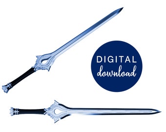 May include: Two silver swords with black handles. The swords have intricate designs on the blades and handles. The text "DIGITAL download" is on a blue circle.