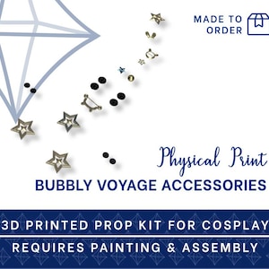 May include: 3D printed prop kit for cosplay, featuring a blue and white geometric design, gold stars, and black beads. The kit requires painting and assembly.  Made to order.