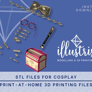 Puede incluir: Un conjunto de archivos STL imprimibles en 3D para cosplay. Los archivos incluyen un cofre, gafas, una flauta y una máscara. Los archivos son para impresión 3D en casa. La imagen incluye el texto "INSTANT DOWNLOAD", "illustris MODELLING & 3D PRINTING", "STL FILES FOR COSPLAY", y "PRINT-AT-HOME 3D PRINTING FILES".