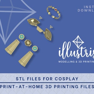 May include: 3D printable STL files for cosplay. The image shows a set of gold-colored 3D printed parts for a cosplay costume. The parts include a crown, a pair of binoculars, and a pair of shoulder pads. The image also includes the text "illustris MODELLING & 3D PRINTING" and "INSTANT DOWNLOAD".