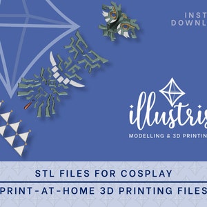 Puede incluir: Un fondo azul con el texto "INSTANT DOWNLOAD" e "illustris MODELLING & 3D PRINTING". La imagen también presenta un modelo 3D de una forma geométrica y un modelo 3D de una criatura estilizada. El texto "STL FILES FOR COSPLAY" y "PRINT-AT-HOME 3D PRINTING FILES" también está incluido.