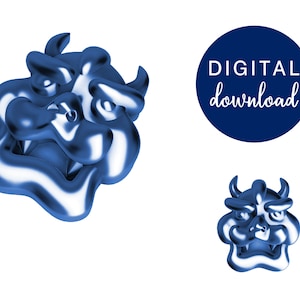 May include: A digital download of a blue 3D rendering of a Japanese Oni mask. The mask has a fierce expression with large eyes, a wide mouth, and horns.