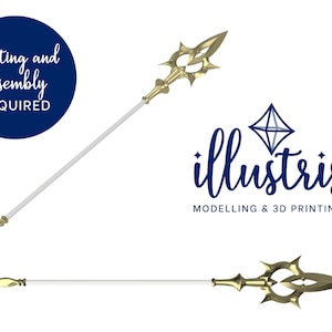May include: A 3D printed gold spear with a white shaft. The spear has a detailed, ornate design. The image includes the text "painting and assembly required" and "illustris modelling & 3D printing".