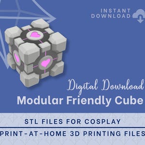 May include: A 3D printable model of a gray cube with pink hearts on each side. The cube is a digital download for cosplay and is labeled "Modular Friendly Cube".