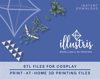 May include: A blue background with white text that reads "INSTANT DOWNLOAD" and "illustris MODELLING & 3D PRINTING". Below the text are the words "STL FILES FOR COSPLAY" and "PRINT-AT-HOME 3D PRINTING FILES". The image also includes several 3D printed models in a light grey colour.