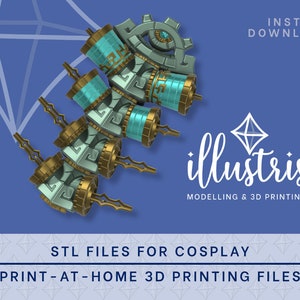 Puede incluir: Un modelo impreso en 3D de un dispositivo mecánico azul y dorado con engranajes y un solo ojo. El modelo es para cosplay y está disponible para descarga instantánea como archivo STL. El texto "INSTANT DOWNLOAD" e "illustris MODELLING & 3D PRINTING" es visible en la imagen.