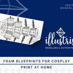 Puede incluir: Plano en blanco y negro para un accesorio de cosplay. El plano muestra un conjunto de cinco objetos cilíndricos conectados con detalles intrincados. La imagen está titulada "Foam Blueprints for Cosplay" y "Print at Home".