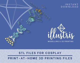 May include: A blue background with a white diamond shape and the text "illustris MODELLING & 3D PRINTING". The image also features a 3D model of a blue and green object with a yellow base. The text "STL FILES FOR COSPLAY PRINT-AT-HOME 3D PRINTING FILES" is at the bottom of the image.