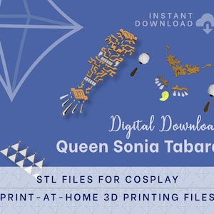 Puede incluir: Descarga digital de archivos STL imprimibles en 3D para un disfraz de cosplay de la reina Sonia Tabard. La imagen muestra un fondo azul con el texto "DESCARGA INSTANTÁNEA" y "Descarga digital Reina Sonia Tabard" junto con un modelo 3D del tabard.