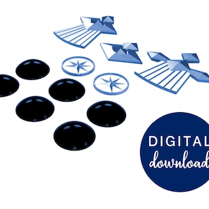 May include: A set of six black round buttons and three blue compass-like designs with a white star in the centre. The text "DIGITAL download" is written in white on a blue circle.