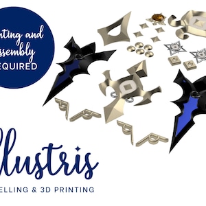 May include: A collection of 3D printed model components in black, gold, and silver. The image shows various shapes, including stylized blades and decorative elements. Text on the image reads "painting and assembly REQUIRED" and "illustris MODELLING & 3D PRINTING".