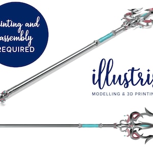May include: A silver and blue trident-shaped staff with pink and blue accents. The staff is a 3D printed model that requires painting and assembly.