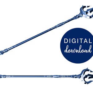 Puede incluir: Una descarga digital de un tridente de metal azul con una punta de lanza de tres puntas. El tridente se muestra en dos posiciones diferentes.