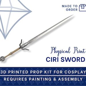 Könnte beinhalten: Ein silbernes und beigefarbenes Ciri-Schwert-Requisitenset für Cosplay. Das Schwert hat eine lange, spitze Klinge und einen detaillierten Griff. Der Text "Physical Print Ciri Sword" ist abgebildet. Benötigt Bemalung und Montage.