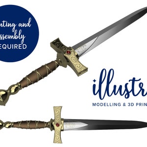 May include: Two 3D printed swords with gold and brown details. The swords have a red gem on the pommel and a silver blade. The text "painting and assembly required" is visible in the image.