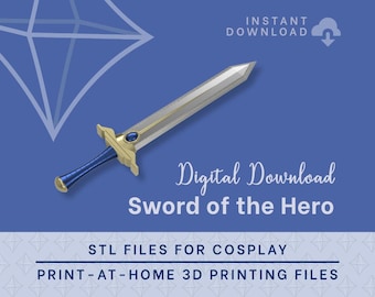 May include: A digital download graphic on a blue background. The image features a stylized sword with a silver blade, gold hilt, and blue handle. Text includes "Instant Download," "Digital Download," and "Sword of the Hero."