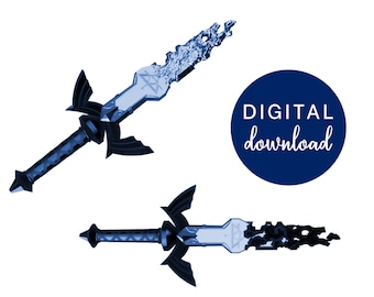 May include: Two digital downloads of a blue and black Master Sword from the Legend of Zelda video game series. The sword is broken into pieces, with the blade shattered. The text "DIGITAL download" is in a blue circle.
