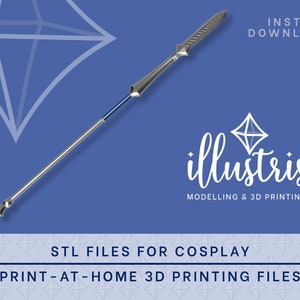 May include: A silver spear with a blue handle. The spear is on a blue background with a white diamond shape and the text "illustris MODELLING & 3D PRINTING". The text "STL FILES FOR COSPLAY PRINT-AT-HOME 3D PRINTING FILES" is at the bottom of the image.