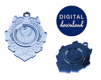 May include: A blue metal angel wing ornament with a decorative border. The ornament has a loop at the top for hanging.