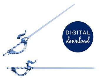 May include: Light blue decorative rapier with ornate hilt and blade. The hilt features a curved guard and decorative elements. The image includes the text "DIGITAL download" in a navy blue circle. The rapier is set against a white background.