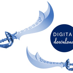 Puede incluir: Dos espadas azules adornadas con diseños intrincados. Las espadas son curvas y tienen una punta afilada. La imagen incluye el texto "DIGITAL download".