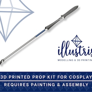 May include: A silver and blue spear prop kit for cosplay. The spear has a pointed blade, a blue section, and a long, slender shaft. The text "illustris" and "3D PRINTED PROP KIT FOR COSPLAY" are also visible.