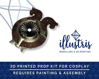 Może przedstawiać: Zestaw rekwizytów do cosplayu, wydrukowany w 3D. Zestaw zawiera szczegółowy, steampunkowy projekt z okrągłym, wentylatorowym elementem w środku. Zestaw wymaga malowania i montażu.