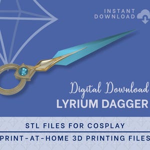 May include: Digital download STL files for 3D printing a Lyrium Dagger cosplay prop.  The dagger features a gold handle, teal blade, and a light blue gem. Instant download. Print-at-home 3D printing files for cosplay.
