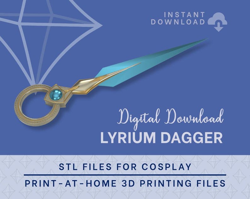 May include: Digital download STL files for 3D printing a Lyrium Dagger cosplay prop.  The dagger features a gold handle, teal blade, and a light blue gem. Instant download. Print-at-home 3D printing files for cosplay.