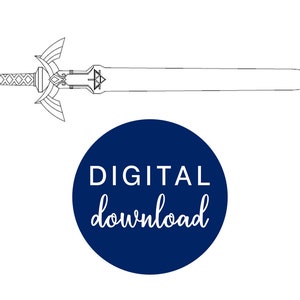 May include: A black and white line drawing of the Master Sword from the Legend of Zelda video game series. The sword is depicted with a hilt, a blade, and a triangular guard. The image includes the text "DIGITAL download".