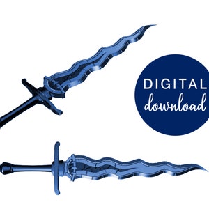 Puede incluir: Dos objetos azules ondulados con forma de espada con detalles intrincados. Las espadas están disponibles para descargar digitalmente.
