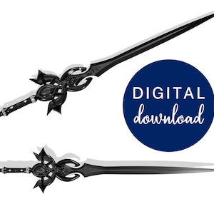 May include: Two black swords with intricate designs on the hilt and blade. The swords are angled and have a slight shadow behind them. The text "DIGITAL download" is on a blue circle.