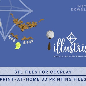 Puede incluir: Un modelo de ojo dorado impreso en 3D con un diseño decorativo. El modelo está dividido en varias piezas para la impresión 3D. La imagen también incluye el texto "INSTANT DOWNLOAD", "illustris MODELLING & 3D PRINTING", "STL FILES FOR COSPLAY", y "PRINT-AT-HOME 3D PRINTING FILES".
