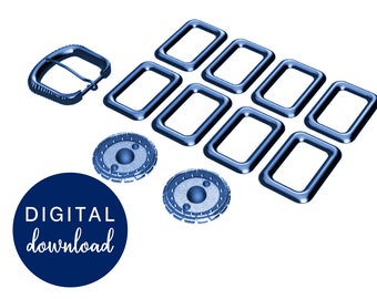 May include: A set of eight blue metal belt buckle loops and two blue metal belt buckle accents. The loops are rectangular and the accents are round with a raised design.