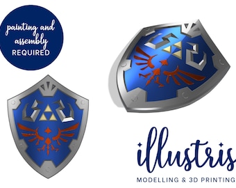 May include: A 3D printed model of the Hylian Shield from The Legend of Zelda video game series. The shield is blue with a silver trim and features the Triforce symbol and a red and gold design. The image includes the text "painting and assembly required" and "illustris modelling & 3D printing".