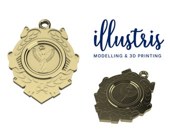 May include: A gold-colored metal pendant with a detailed design featuring a stylized bird with wings spread. The pendant is shaped like a circle with a decorative border and a loop at the top for hanging.