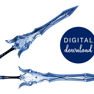 Könnte beinhalten: Zwei blaue und silberne Schwerter mit komplizierten Designs. Die Schwerter befinden sich in verschiedenen Positionen, eines ist horizontal und das andere diagonal. Der Text "DIGITAL download" befindet sich in einem Kreis im Hintergrund.