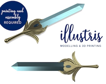 May include: A 3D printed sword with a blue blade and a gold handle. The handle is decorated with a feather design. The sword is in two pieces and requires painting and assembly. The image also includes the text "illustris MODELLING & 3D PRINTING".