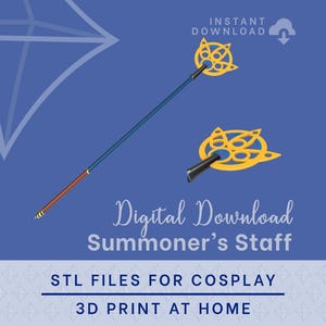 May include: A digital download for a Summoner's Staff, featuring a long, slender blue and orange rod topped with a yellow, circular, multi-petaled emblem. The file includes STL files for 3D printing at home, intended for cosplay use.