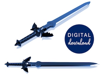 May include: A digital download of a 3D model of a blue Master Sword from the Legend of Zelda video game series. The sword is shown in two different angles.
