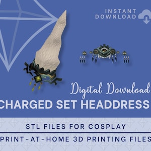 Puede incluir: Archivos STL imprimibles en 3D para una diadema de cosplay. La diadema es un cuerno blanco con una base negra y verde y una corona verde y dorada. La diadema es una descarga digital.