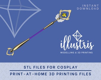 May include: A gold and purple 3D printed staff with a flower design at the top. The staff is for cosplay and is available for instant download as an STL file. The text "illustris MODELLING & 3D PRINTING" is also visible in the image.