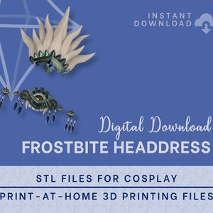 Puede incluir: Descarga digital de archivos STL imprimibles en 3D para un accesorio de cosplay Frostbite Headdress. El tocado es de color blanco y plateado con un motivo de ojo azul y verde.