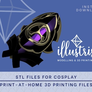 Puede incluir: Accesorio de cosplay negro y dorado renderizado en 3D con interior morado. La imagen incluye el texto "INSTANT DOWNLOAD" y el logotipo de "illustris", con el texto "MODELLING & 3D PRINTING". También están presentes los textos "STL FILES FOR COSPLAY" y "PRINT-AT-HOME 3D PRINTING FILES".