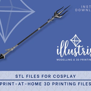 May include: A silver and black 3D printed spear with a trident head. The spear is on a blue background with the text "INSTANT DOWNLOAD" and "illustris MODELLING & 3D PRINTING" in white. The text "STL FILES FOR COSPLAY PRINT-AT-HOME 3D PRINTING FILES" is also in white.