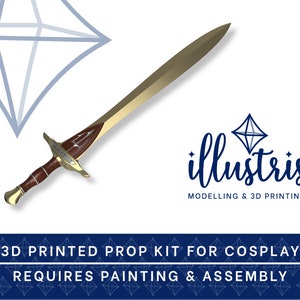 May include: A 3D printed prop kit for cosplay, featuring a gold and brown sword with a detailed hilt. The kit requires painting and assembly. The image also includes the text "illustris MODELLING & 3D PRINTING" and a geometric design.