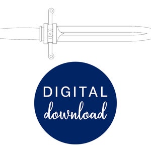 May include: A line drawing of a dagger with a pointed tip and a cross guard. The image is in black and white and has the text "DIGITAL download" in a white circle on a blue background.