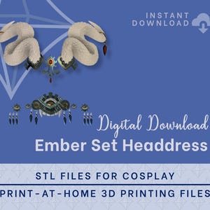 Puede incluir: Descarga digital de un tocado Ember Set para cosplay, imprimible en 3D. Los archivos STL son para impresión 3D en casa. El tocado está hecho de plástico blanco, gris y marrón.